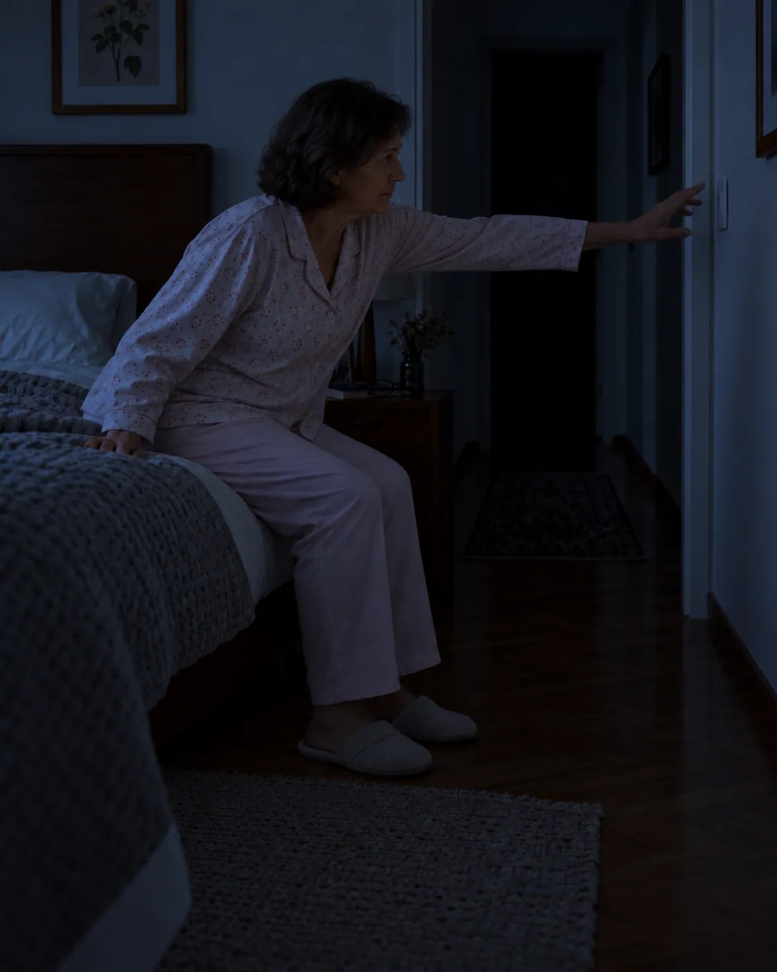 Antes: mujer buscando el interruptor a oscuras